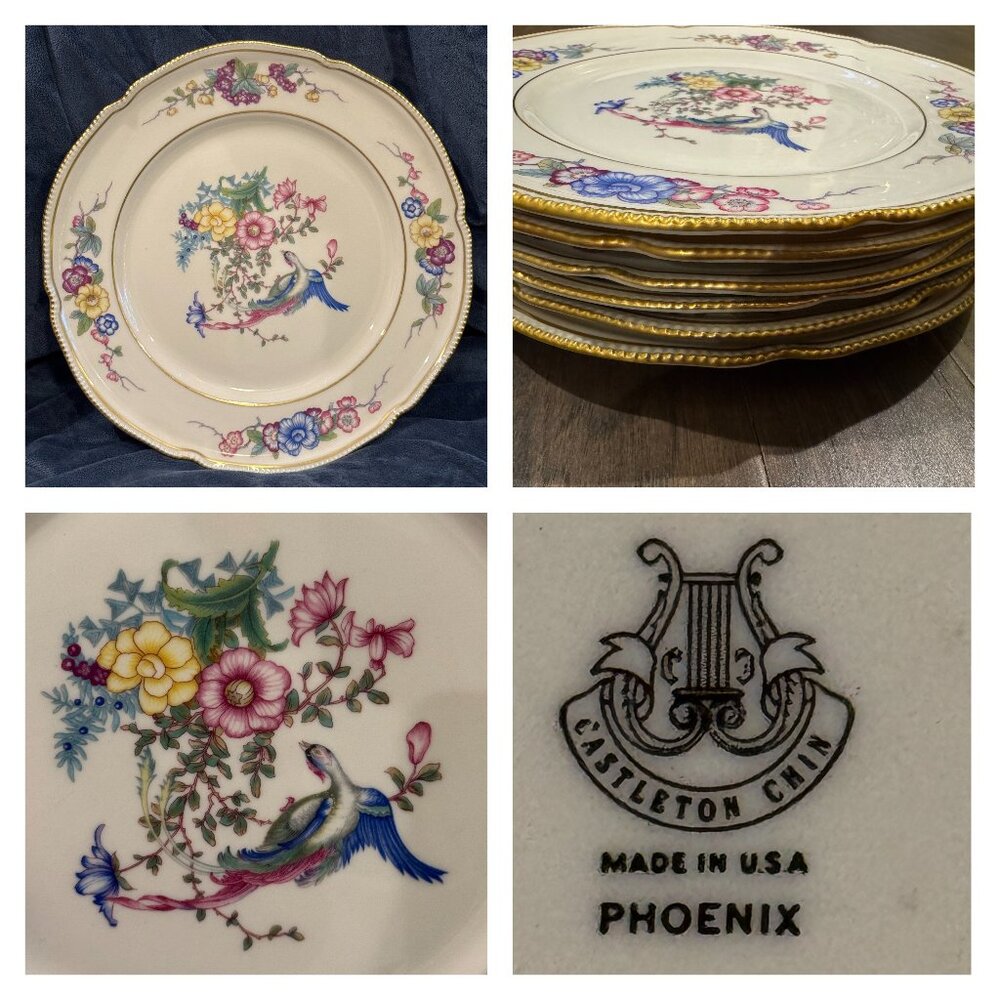 Castleton China six 6 DINNER Plates Phoenix USA Gold Flowers Scalloped Edge Rim
